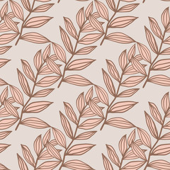 Seamless pattern with contoured pink leaves ornament. Light background. Simple floral backdrop.