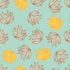 Random bush leaves seamless doodle pattern. Light blue background with yellow and brown contoured foliage.