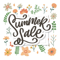 Trendy floral vector template. Summer flowers and Summer sale lettering illustration.