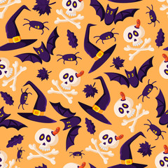 Halloween cartoon seamless pattern - black bat, skull and bones, spider, witches hat and autumn leaves, traditional holiday symbols - vector seamless background for print or textile design