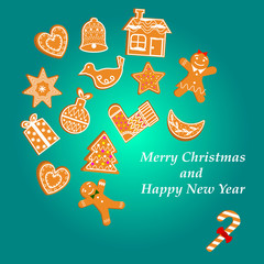 Christmas cookies with text. Vector illustration on a blue background. For decoration, postcards, shops, gifts.