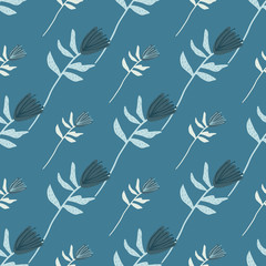 Diagonal seamless floral pattern with flowers in navy and light tones. Dark blue background. Simple design.