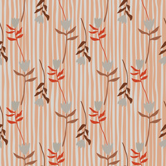 Seamless fall pattern with flower random located silhouettes. Orange stripped background. Light blue tulip buds.