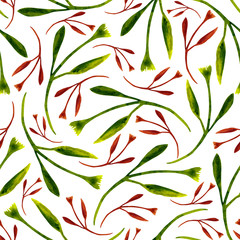 Hand drawn green and red twigs on a white background. Watercolor seamless pattern. Design for cloth, print, card, wrapping.