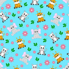 Cute cartoon animals. Vector illustration for children. Seamless pattern.