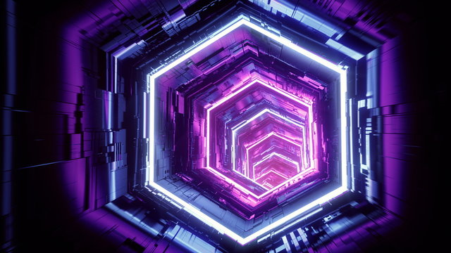Flight in abstract sci-fi tunnel. Futuristic background for music video, EDM club concert, high tech backdrop. Time warp portal, lightspeed hyperspace concept. 4k 3D illustration