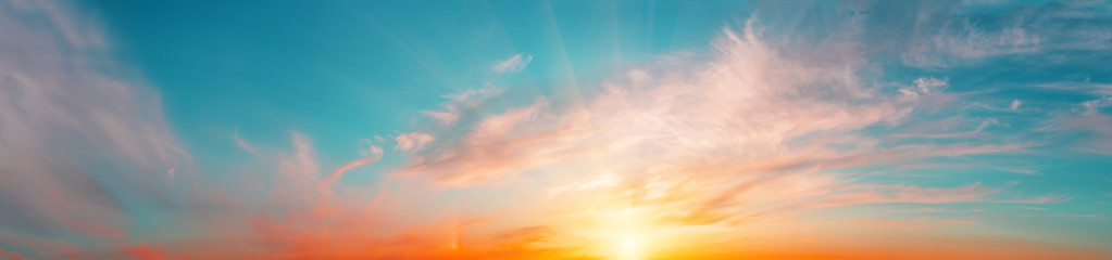 Sunrise sky panorama with bright sun - 370895701