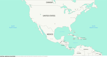 Central American Countries map. Detailed world Map Vector with Country,Capital,City Names.
