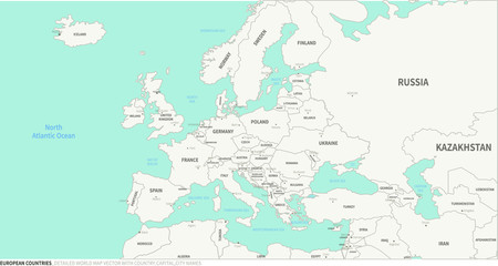 European Countries map. Detailed world Map Vector with Country,Capital,City Names.