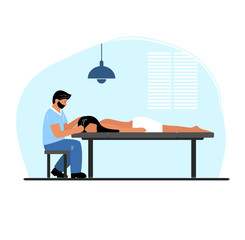 Vector flat illustration of a masseur doing a massage to a girl. Back massage. Moon therapy. Medicine. Back ailments. Moon therapist. Relaxation, spa. Head massage