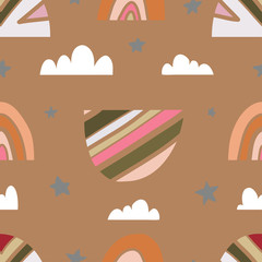 geometric multicolored rainbows, stars and clouds - seamless print on a brown background. Vector illustration in the Scandinavian style.