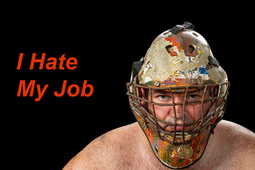 I hate my job inscription and brutal man in a helmet. Bad boss. - 370897127