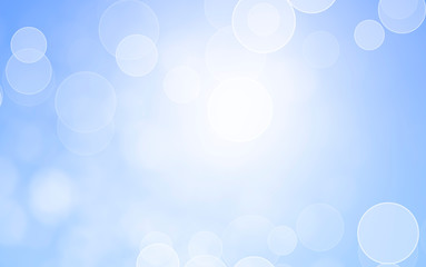 White lights bokeh, defocus glitter blur on soft blue background. illustration.