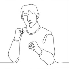 man stands with his fists in front of him, preparing to strike, he looks at the viewer. One continuous line drawing of a male boxer ready to attack. Can be used for animation
