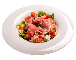 Spanish salad with ham and grapefruit, Isolated image on white background.