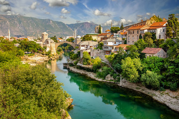 Fototapeta na wymiar Mostar bridge in Bosnia and Herzegovina. Colorful landscape