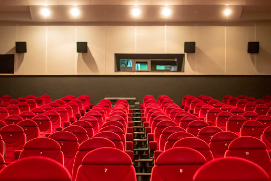 Empty cinema with red-black rows of seats 08.03.2019 Brovary, Ukraine