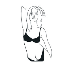 Woman portrait drawn by one continuous black line. Hand drawn girl