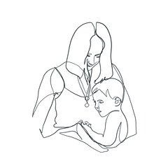 Minimal line hand drawn vector woman mother holding newborn baby in arms. Mom hugs her baby. Mother's Day. Linear sketch for maternity hospital, obstetrics, products for pregnant and newborns.