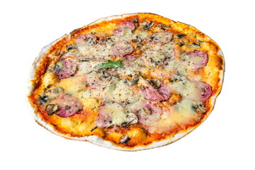 Pizza with salami sausage mushrooms tomatoes sweet pepper and cheese