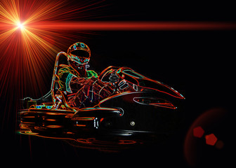 Neon racer sitting on a go-kart. Place for an inscription. - 370897784