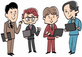 A computer and four patterns of businessmen.