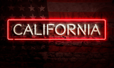 Obraz premium California State Graphic Neon Sign On Brick Wall With American Flag