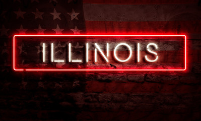 Fototapeta premium Illinois State Graphic Neon Sign On Brick Wall With American Flag