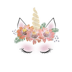 Isolated image of a cute unicorn face with a flower wreath. © brusnika9
