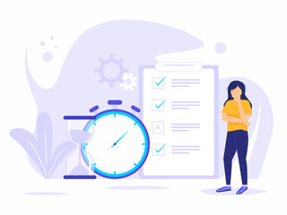 Woman thinking for business time and organizing office work processes.  Vector illustration. Entrepreneurs planning a time schedule. filling in a time schedule. 