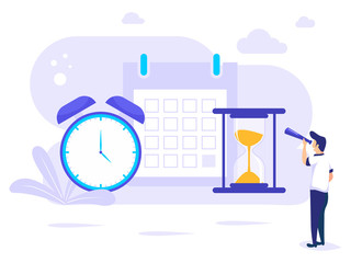 man manager planning concept. Planning a time schedule by filling in a time schedule. Vector illustration of a man using a Tropook to view business plan.
