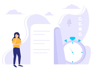 People planning concept. Entrepreneurship and planning a time schedule by filling in a time schedule. Vector illustration of woman thinking about business time and events organizing office.