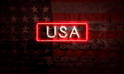 Neon USA America Patriotic Sign Flag USA Concept Art On Brick Wall