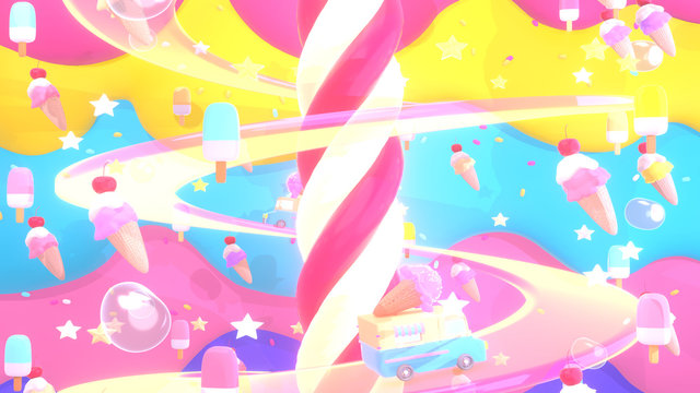 3d render sweet dessert scene with candy cane, ice cream truck driving on the glowing glass spiral road, colorful popsicles, ice cream scoops with cherry on top, and melted cream with sprinkles.