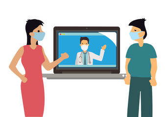 Online doctor telemedicine. Young patient with laptop chatting with practitioner.