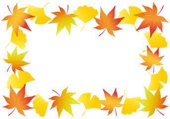 鮮やかな紅葉と銀杏の葉のフレームイラスト/白背景