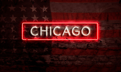 Fototapeta premium Chicago City Illinois Neon Sign On Brick American Flag