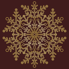 Round vector snowflake. Abstract winter golden ornament. Golden snowflake