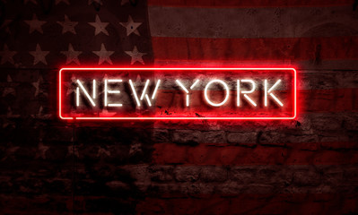 New York Neon Sign On Brick American Flag