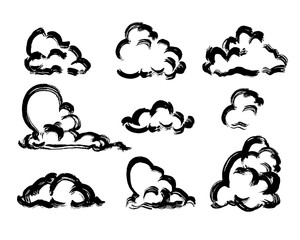 set of clouds painted by brushes against white background. Sky.  - 370900761