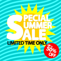 Summer Sale up to 50% off, poster design template, special offer, vector illustration