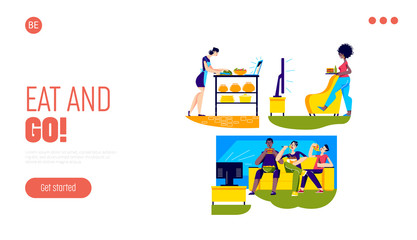 Eat and go landing page design with people cooking and eating dinner concept