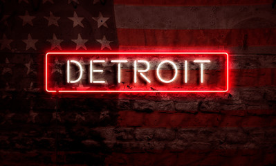 Obraz premium Detroit Neon Sign On Brick American Flag