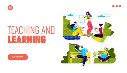Teaching and learning landing page for education website. Remote education and elearning concept
