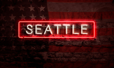 Seattle Neon Sign On Brick American Flag