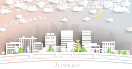 Juneau Alaska USA City Skyline in Paper Cut Style with Snowflakes, Moon and Neon Garland.