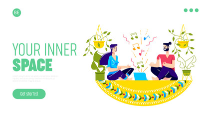 Home yoga practicing landing page for online training website with couple meditating together