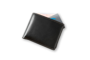 Top view of closed black genuine leather wallet with banknote and credit card inside on isolated white background with clipping path.