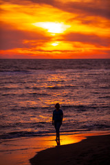 Fototapeta premium A woman walks along a beautiful Mediterranean beach at sunset in Ostia, Italy.