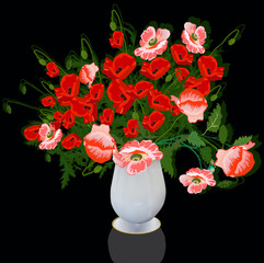 large poppy bunch in vase isolated on black